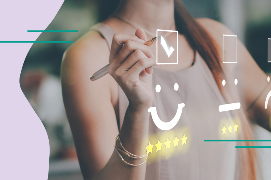 Woman in front of a screen with happy, neutral, and sad faces for rating customer service.